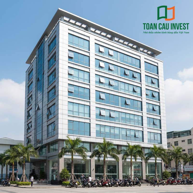 Bản lề A cửa nhôm ứng dụng trong hệ cửa mở hất của tòa nhà văn phòng, đảm bảo bền bỉ và an toàn.