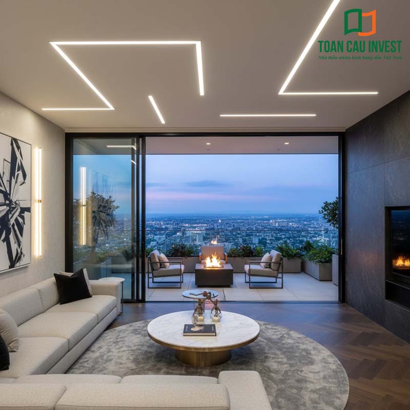 Cửa nhôm âm tường mở rộng toàn cảnh, kết nối không gian phòng khách với sân vườn và city view