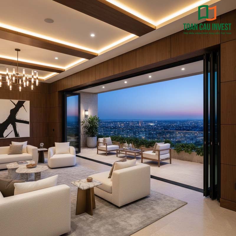 Cửa nhôm âm tường xếp trượt tối ưu hóa không gian, mở rộng toàn bộ phòng khách ra sân hiên – giải pháp kiến trúc hiện đại