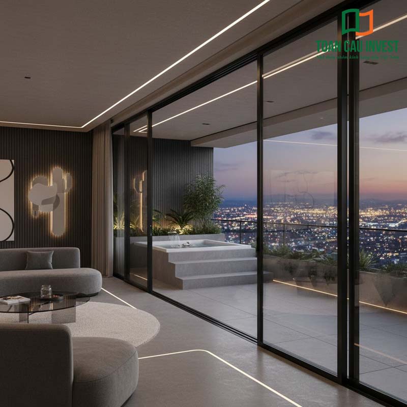 Cửa nhôm âm tường khổ lớn cho không gian penthouse, kết hợp ánh sáng LED tinh tế – phong cách sang trọng