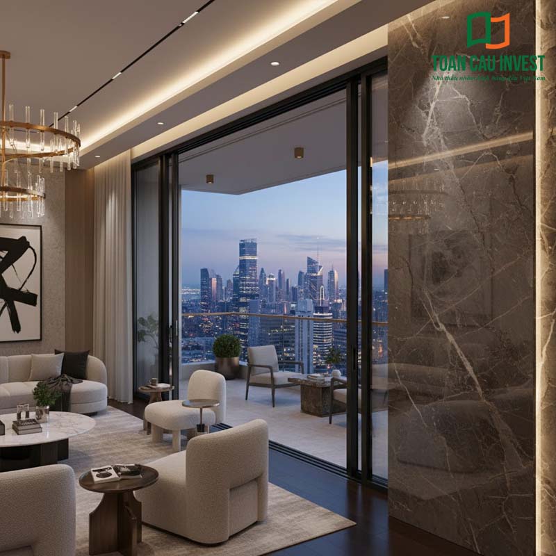 Cửa nhôm âm tường cao cấp kết nối phòng khách với ban công, tạo không gian mở và view thành phố ấn tượng