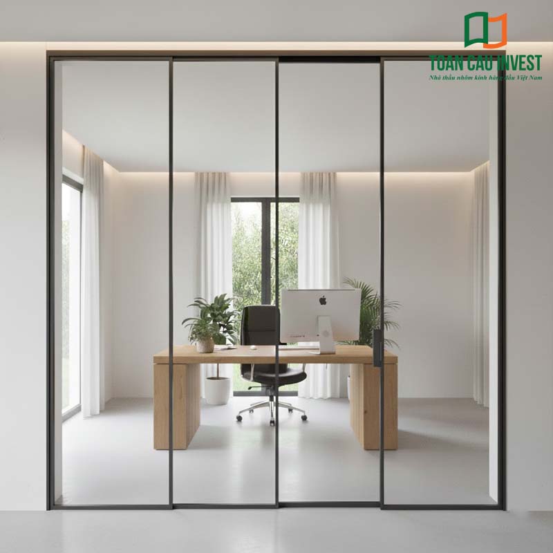 Cửa nhôm âm tường tối giản cho phòng làm việc, thiết kế khung mảnh tinh tế – phù hợp nhà phố và biệt thự hiện đại.