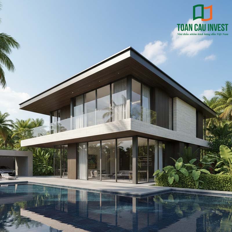 Biệt thự hiện đại trang bị cửa nhôm cách âm khổ lớn, tăng khả năng chống ồn và nâng tầm thẩm mỹ