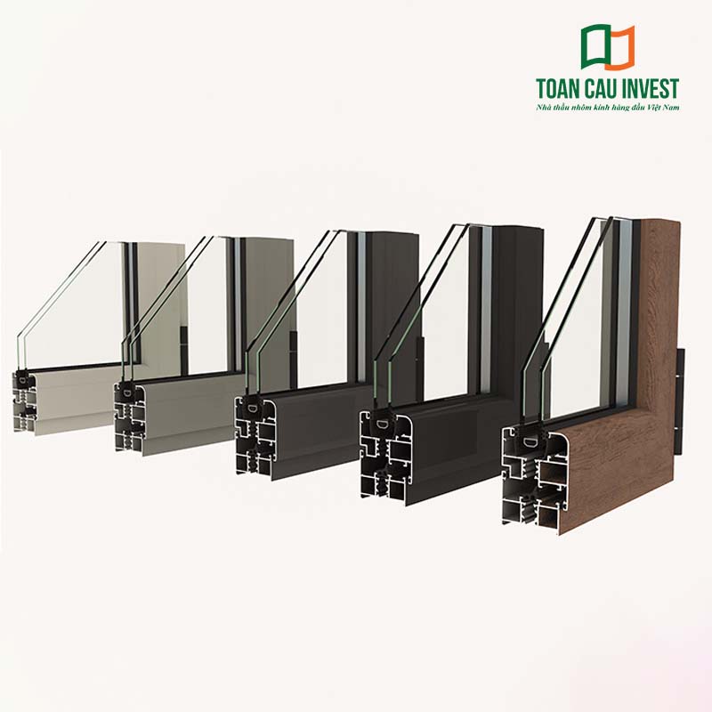 Mẫu cắt ngang cấu tạo cửa nhôm kính 2 lớp cách nhiệt Toàn Cầu Invest, thể hiện đa dạng màu sắc khung nhôm cao cấp và lớp kính hộp hai lớp giúp cách âm, cách nhiệt vượt trội.