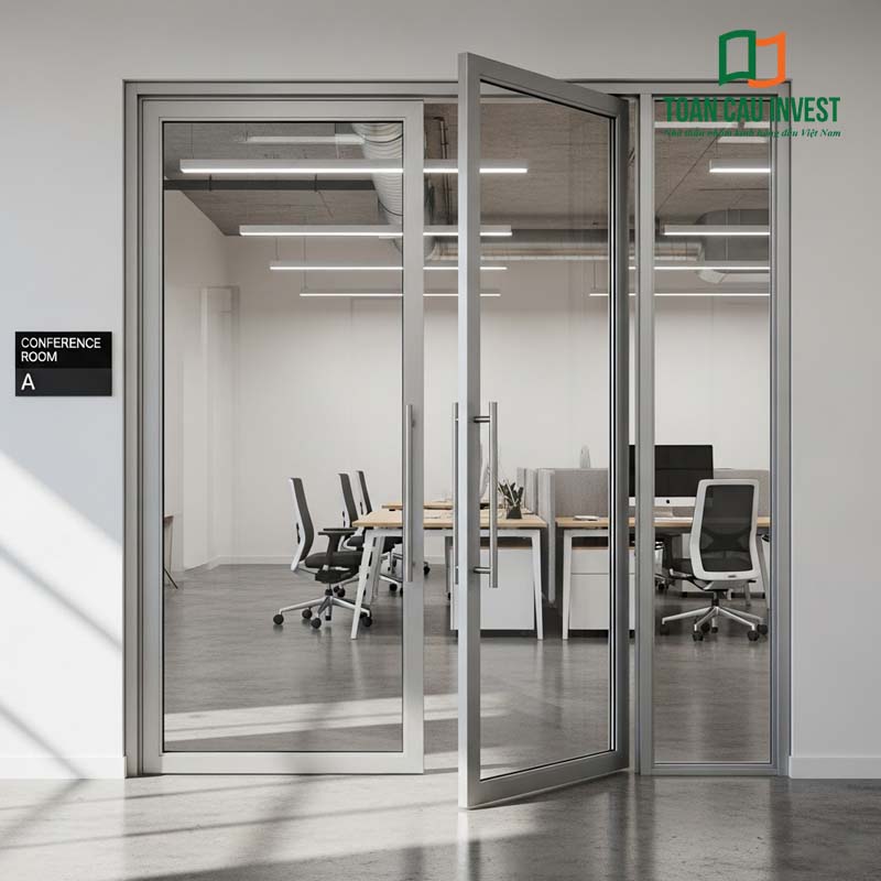 Cửa nhôm kính 2 lớp cách nhiệt Toàn Cầu Invest tại phòng họp văn phòng hiện đại, khung nhôm sáng bạc, kính hộp trong suốt giúp cách âm tốt và giữ nhiệt ổn định.