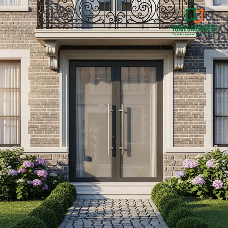 Mẫu cửa nhôm kính 2 lớp cách nhiệt cao cấp lắp đặt tại lối vào nhà phố phong cách châu Âu, khung nhôm màu ghi xám, tay nắm inox sang trọng.