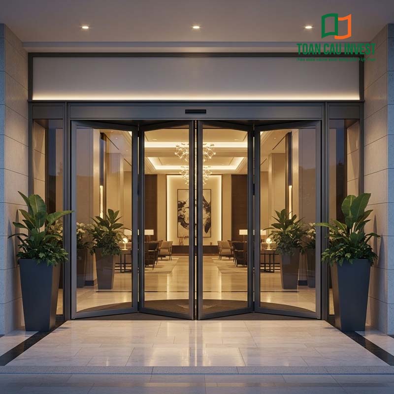 Cửa nhôm kính 2 lớp cách nhiệt lắp đặt tại sảnh tòa nhà văn phòng, không gian nội thất hiện đại, ánh sáng vàng ấm phản chiếu qua lớp kính hộp hai lớp.