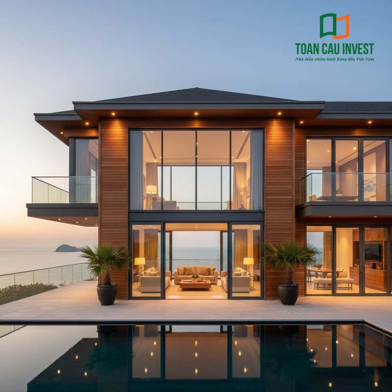 Biệt thự hướng biển sử dụng hệ cửa nhôm kính 2 lớp cách nhiệt Toàn Cầu Invest, thiết kế đối xứng, ánh sáng ấm phản chiếu trên mặt kính, tôn lên vẻ hiện đại và sang trọng.