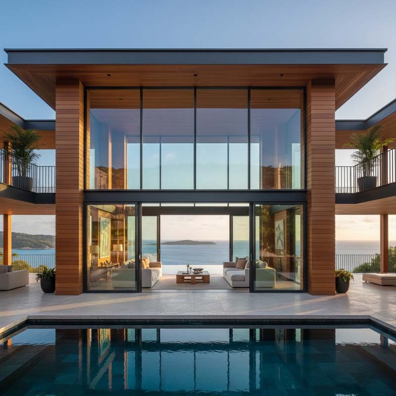 Mặt tiền villa cao cấp với hệ cửa nhôm kính 2 lớp cách nhiệt, khung nhôm tối màu kết hợp kính hộp trong suốt giúp lấy sáng tự nhiên và giữ nhiệt tối ưu
