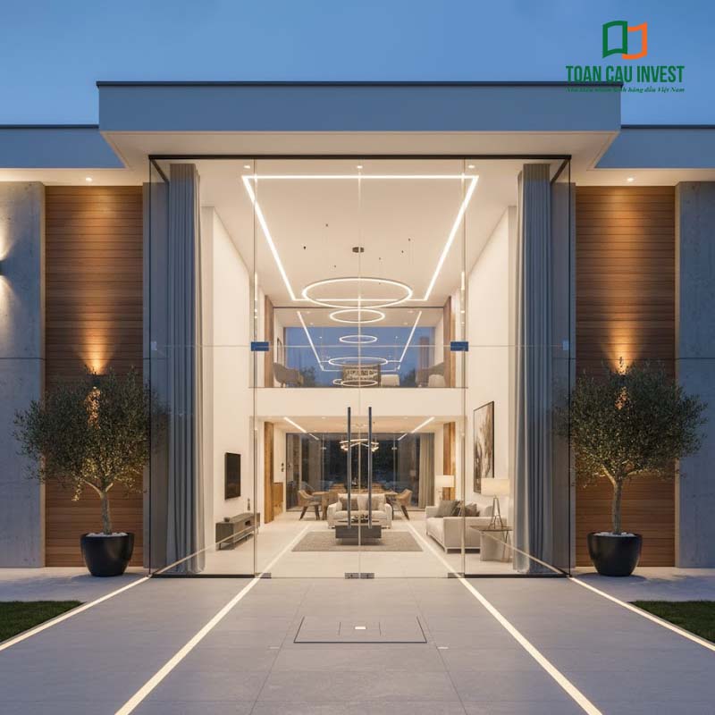 Cửa nhôm kính bản lề sàn Toàn Cầu Invest với thiết kế thông tầng, kết hợp hệ đèn LED và kính cường lực – tạo không gian mở đón sáng tự nhiên