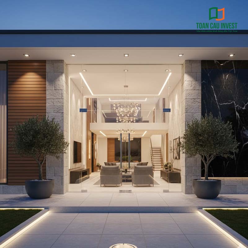 Cửa nhôm kính bản lề sàn toàn cảnh, tạo hiệu ứng không gian mở rộng, phù hợp cho các công trình hiện đại, biệt thự sân vườn cao cấp.
