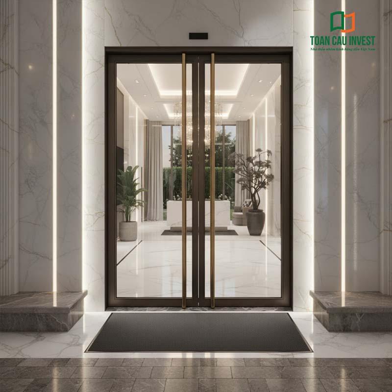 Mẫu cửa nhôm kính bản lề sàn với thiết kế khung mảnh, màu nâu titan, lắp đặt tại sảnh công trình cao cấp – mang lại vẻ đẹp hiện đại, đẳng cấp và tinh tế cho không gian.