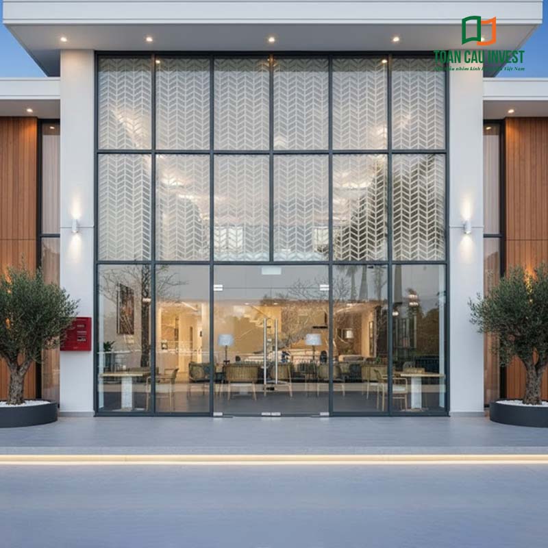 Giải pháp cửa nhôm kính bản lề sàn chất lượng cao, thiết kế đối xứng tinh tế, ứng dụng cho nhà phố, văn phòng và biệt thự cao cấp.