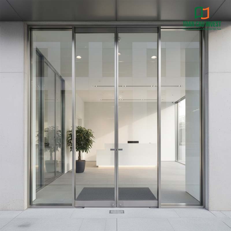 Cửa nhôm kính bản lề sàn Toàn Cầu Invest sử dụng khung inox cao cấp, kính cường lực trong suốt, mang lại không gian chuyên nghiệp cho tòa nhà văn phòng hiện đại.