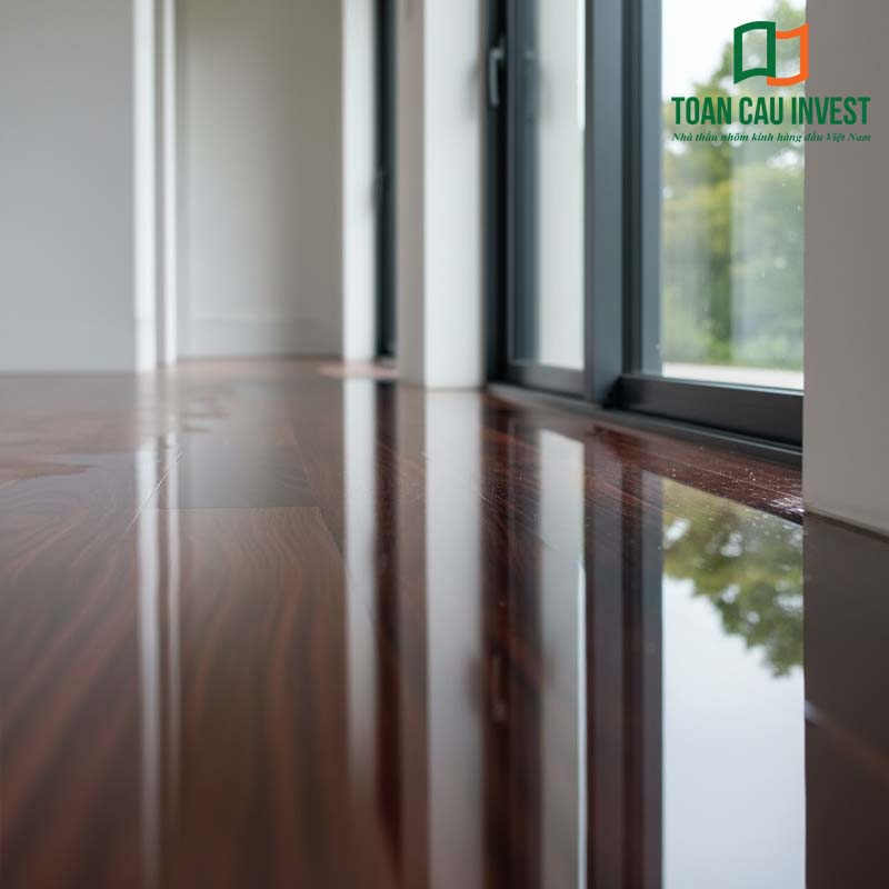 Sàn gỗ bị thấm nước do cửa nhôm kính bị nước vào – tình trạng thường gặp khi hệ thống gioăng, keo hoặc lỗ thoát nước bị hỏng
