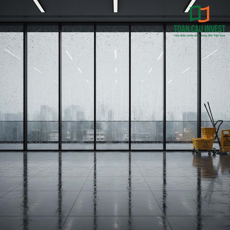 Cửa nhôm kính bị nước vào ở các tòa nhà cao tầng thường do lắp đặt sai kỹ thuật hoặc vật tư không đạt chuẩn.
