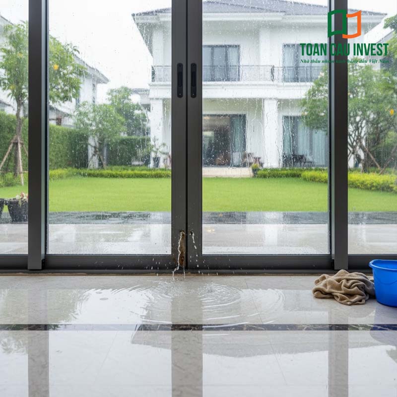 Cửa nhôm kính bị nước vào do thi công keo silicone không đều hoặc bị lão hóa – nên bảo dưỡng định kỳ để đảm bảo kín khít.