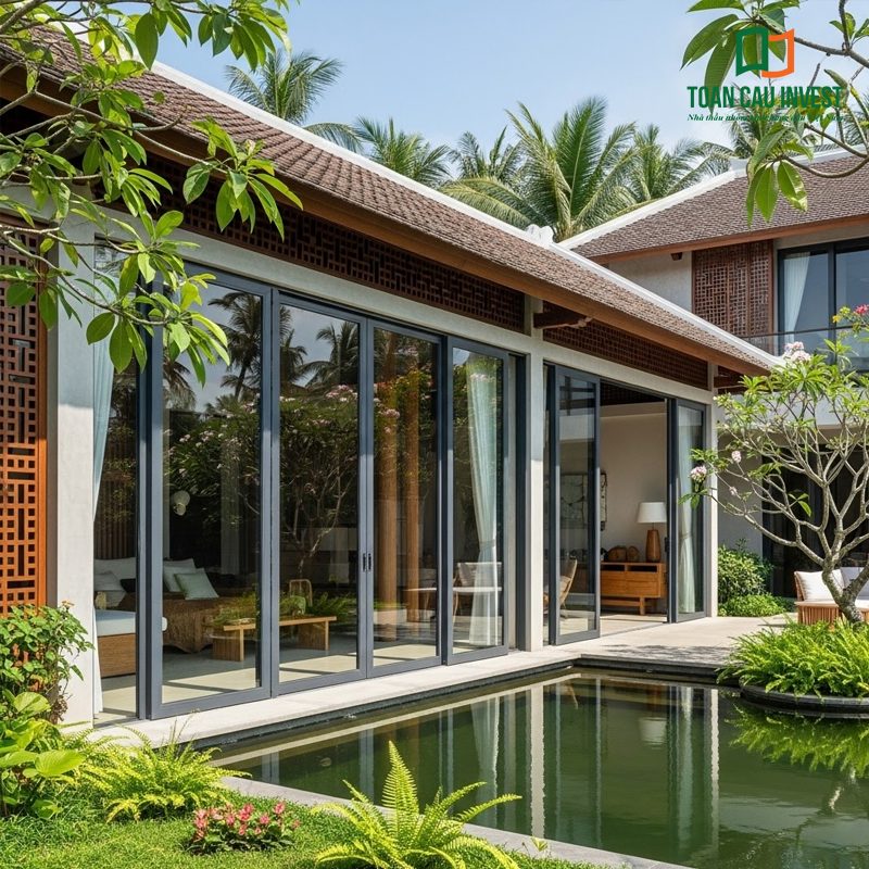 Cửa nhôm kính biệt thự resort được Toàn Cầu Invest thi công chống xệ cánh, vận hành êm, bền đẹp với thời gian