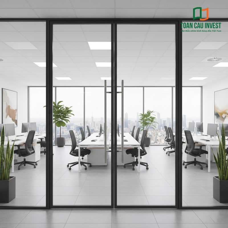 Cửa nhôm kính lớn phân chia không gian văn phòng sang trọng, khắc phục triệt để tình trạng cửa nhôm kính bị xệ sau thời gian sử dụng
