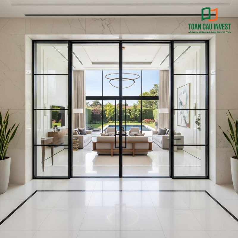 Cửa nhôm kính mở trượt trong không gian biệt thự cao cấp, thi công chính xác giúp cửa vận hành nhẹ, không bị xệ cánh.