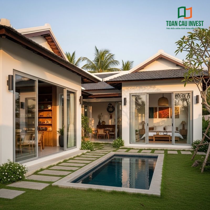Cửa nhôm kính trượt mở tại villa sân vườn, thiết kế tối ưu giúp hạn chế tối đa hiện tượng cửa nhôm kính bị xệ