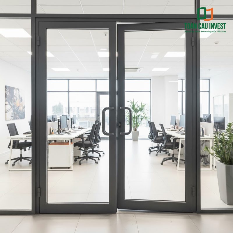 Hệ cửa nhôm kính cao cấp tại văn phòng hiện đại, đóng mở êm ái, không bị xệ cánh giải pháp thi công chuẩn kỹ thuật