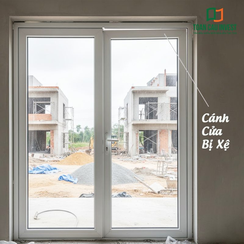 Cửa nhôm kính bị xệ do lắp đặt sai kỹ thuật, gây lệch cánh và khó đóng mở hình ảnh minh họa thực tế tại công trình xây dựng