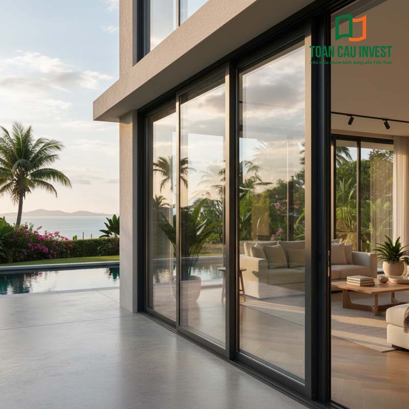 Cửa trượt nhôm kính cách âm cho biệt thự nghỉ dưỡng, vận hành êm và chống ồn tốt