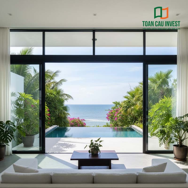 Cửa nhôm kính cách âm khổ lớn mở ra hồ bơi và view biển sang trọng