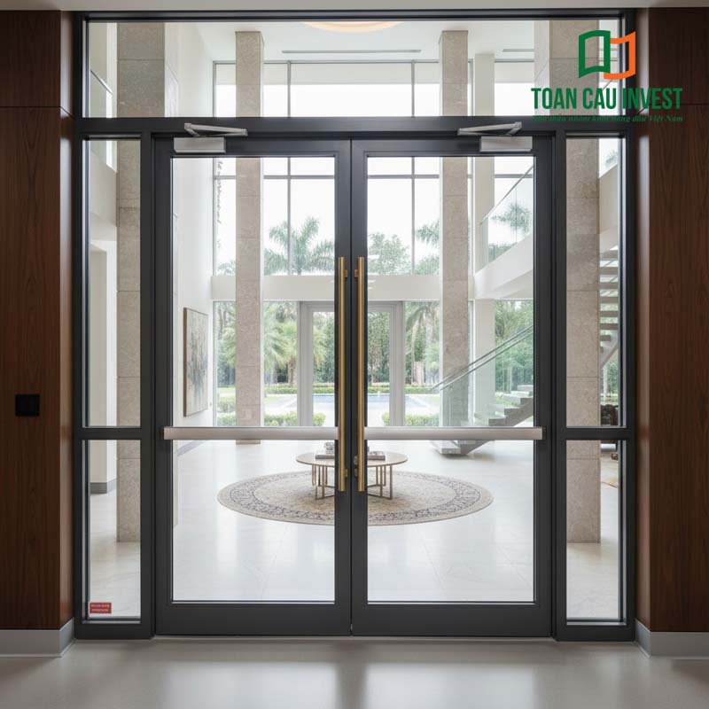 Cửa nhôm kính chống cháy tại sảnh lớn tòa nhà cao cấp, kết hợp kính chịu nhiệt và phụ kiện chuyên dụng.