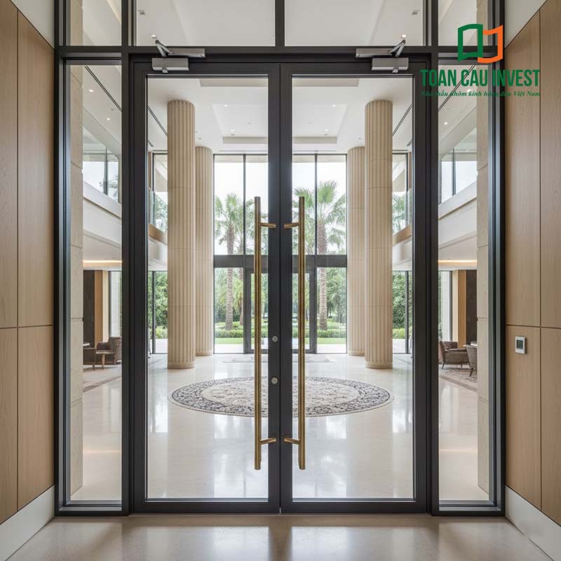Hệ cửa nhôm kính chống cháy sang trọng tại không gian khách sạn – resort cao cấp, đạt tiêu chuẩn an toàn cháy nổ.