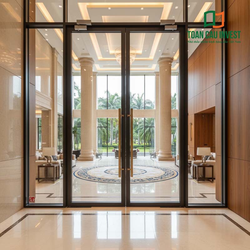 Cửa nhôm kính chống cháy tiêu chuẩn EI với thiết kế tối giản, lắp đặt tại khu vực sảnh sang trọng.