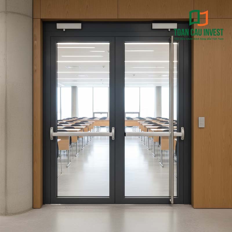 Cửa nhôm kính chống cháy hai cánh với thanh thoát hiểm panic bar, ứng dụng trong phòng học và khu công cộng
