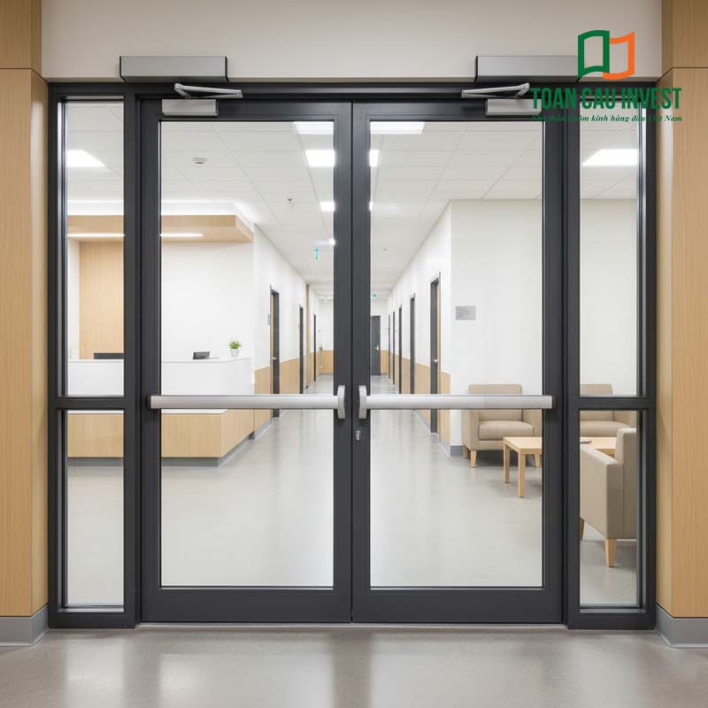 Hệ cửa nhôm kính chống cháy dùng cho bệnh viện, trung tâm y tế, đảm bảo tiêu chuẩn an toàn cháy nổ.