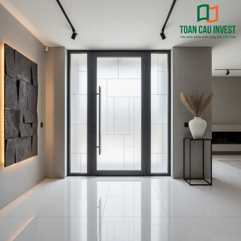 Cửa nhôm kính hoạ tiết hiện đại cho không gian nội thất tối giản. Thiết kế khung nhôm xám kết hợp kính mờ trang trí hình học tinh tế, mang đến vẻ đẹp sang trọng và ánh sáng tự nhiên.
