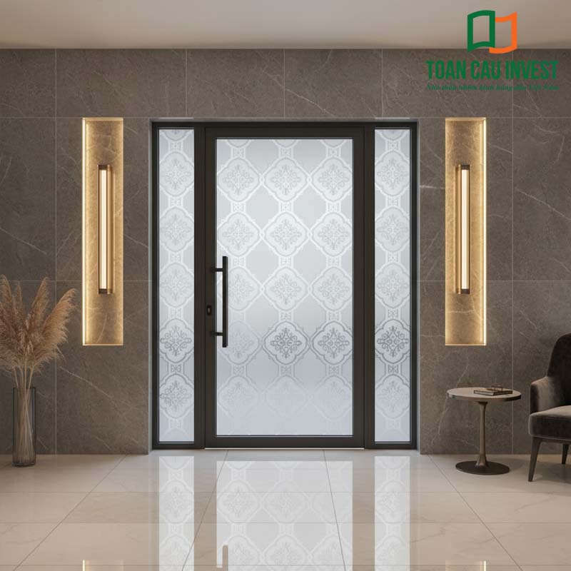 Cửa nhôm kính hoạ tiết cổ điển với hoa văn đối xứng tinh xảo, tạo điểm nhấn cho sảnh nhà. Kết hợp ánh sáng vàng ấm, tăng cảm giác sang trọng và đẳng cấp.