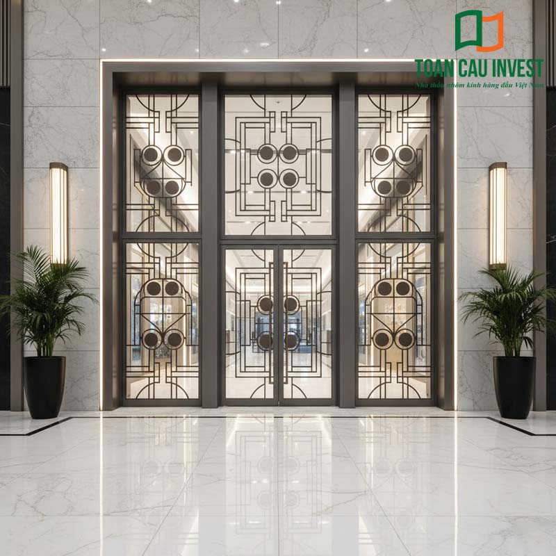 Cửa nhôm kính hoạ tiết hình học độc đáo, mang đậm phong cách Art Deco. Thiết kế khung nhôm bền bỉ, kính cường lực hoa văn đen sang trọng – lựa chọn lý tưởng cho sảnh văn phòng hoặc biệt thự hiện đại.