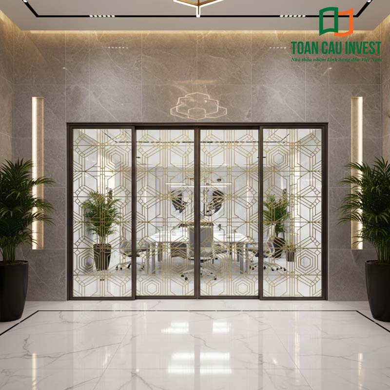 Cửa nhôm kính hoạ tiết cổ điển với hoa văn uốn lượn tinh xảo, thiết kế vòm cong quý phái. Phong cách châu Âu sang trọng, lý tưởng cho biệt thự hoặc nhà phố cao cấp.