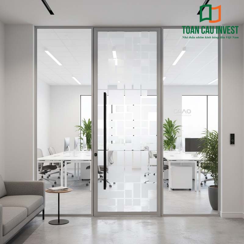 Cửa nhôm kính hoạ tiết văn phòng phong cách tối giản, khung nhôm mảnh kết hợp kính mờ hoa văn ô vuông. Giải pháp ngăn cách không gian tinh tế, đảm bảo tính riêng tư và thẩm mỹ.