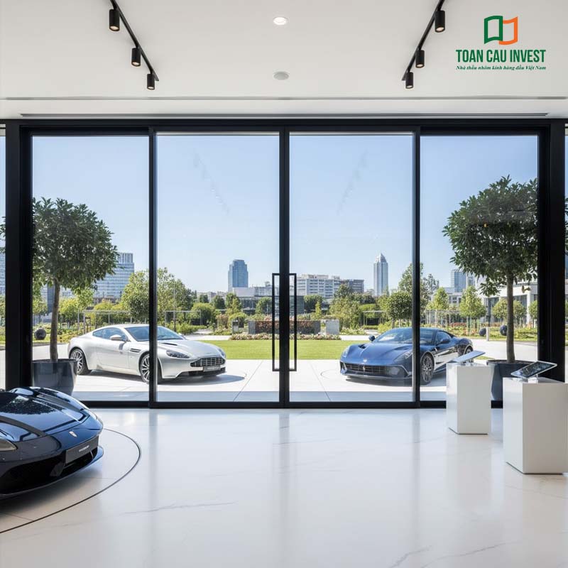 Cửa Nhôm Kính Lùa 4 Cánh tại showroom ô tô, khung kính lớn giúp phô diễn không gian trưng bày sang trọng và hiện đại.