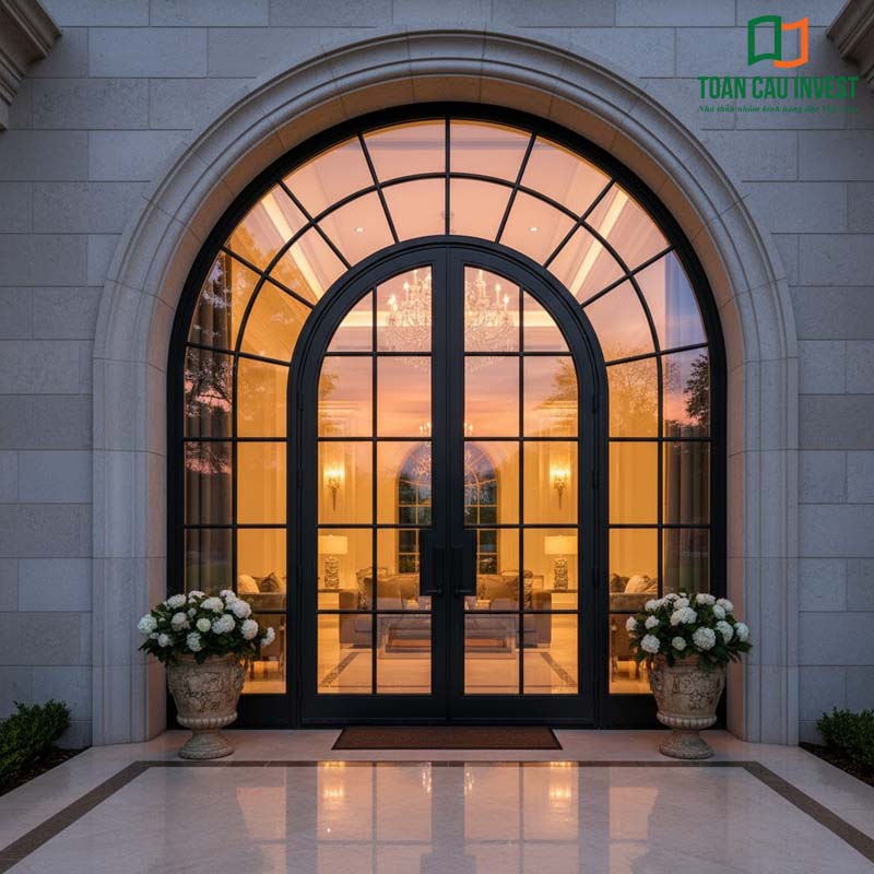 Mẫu cửa nhôm kính vòm Toàn Cầu Invest với thiết kế tân cổ điển, đón ánh sáng vàng ấm, tạo không gian sang trọng và tinh tế cho phòng khách cao cấp.