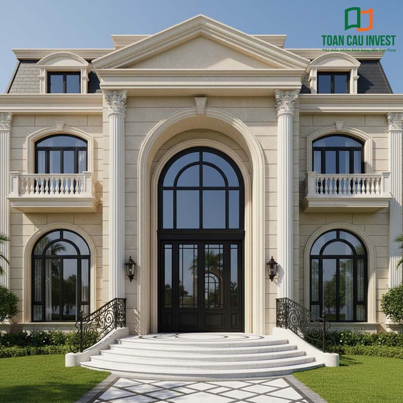 Mẫu cửa nhôm kính vòm kích thước lớn của Toàn Cầu Invest – lựa chọn hoàn hảo cho kiến trúc Pháp, tôn vinh vẻ đẹp tinh tế và đẳng cấp vượt thời gian.