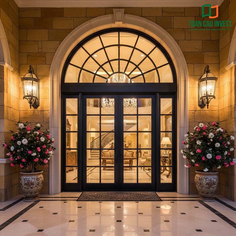 Cửa nhôm kính vòm Toàn Cầu Invest với thiết kế cân đối, khung nhôm sơn tĩnh điện bền màu, tôn lên vẻ sang trọng cho sảnh biệt thự và khách sạn cao cấp.