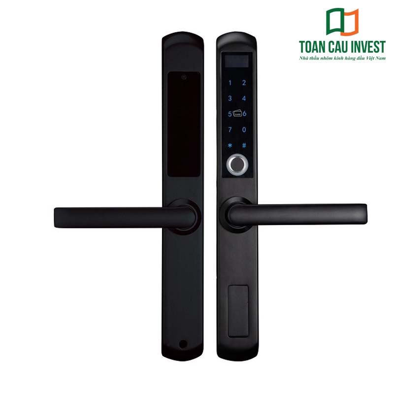 Khóa cửa nhôm kính thông minh màu đen cao cấp, có bàn phím điện tử và đầu đọc vân tay, thiết kế sang trọng cho cửa nhôm hệ hiện đại.