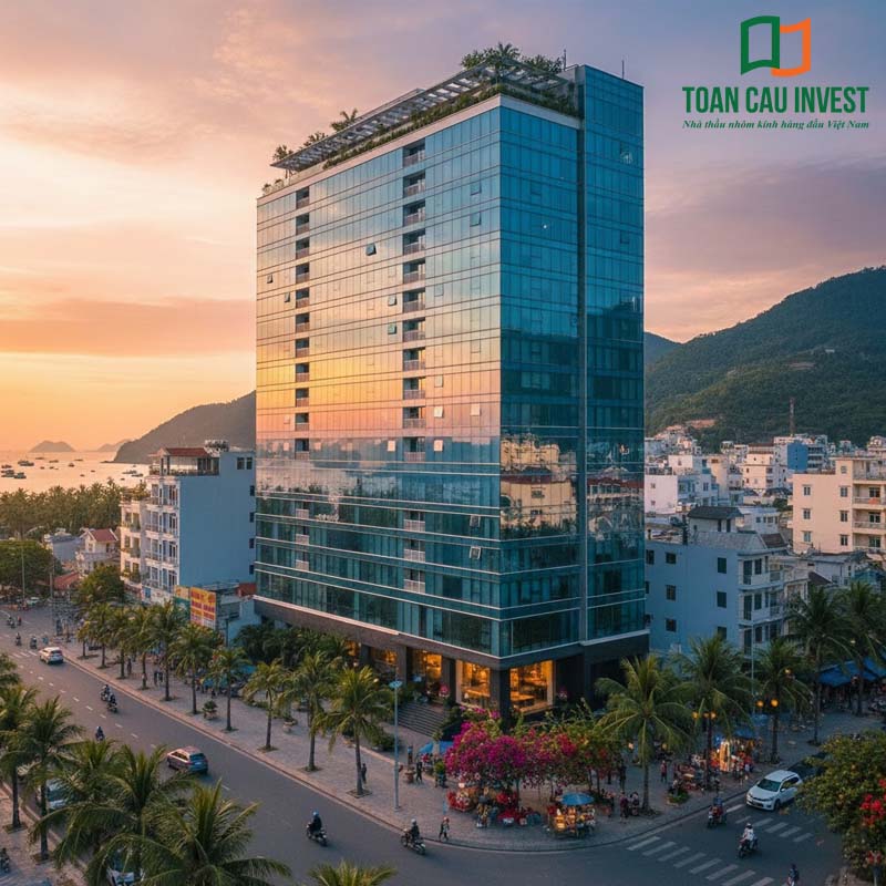 vách kính khách sạn cao tầng hướng biển, thiết kế mặt dựng kính xanh phản chiếu ánh hoàng hôn tại thành phố biển sầm uất