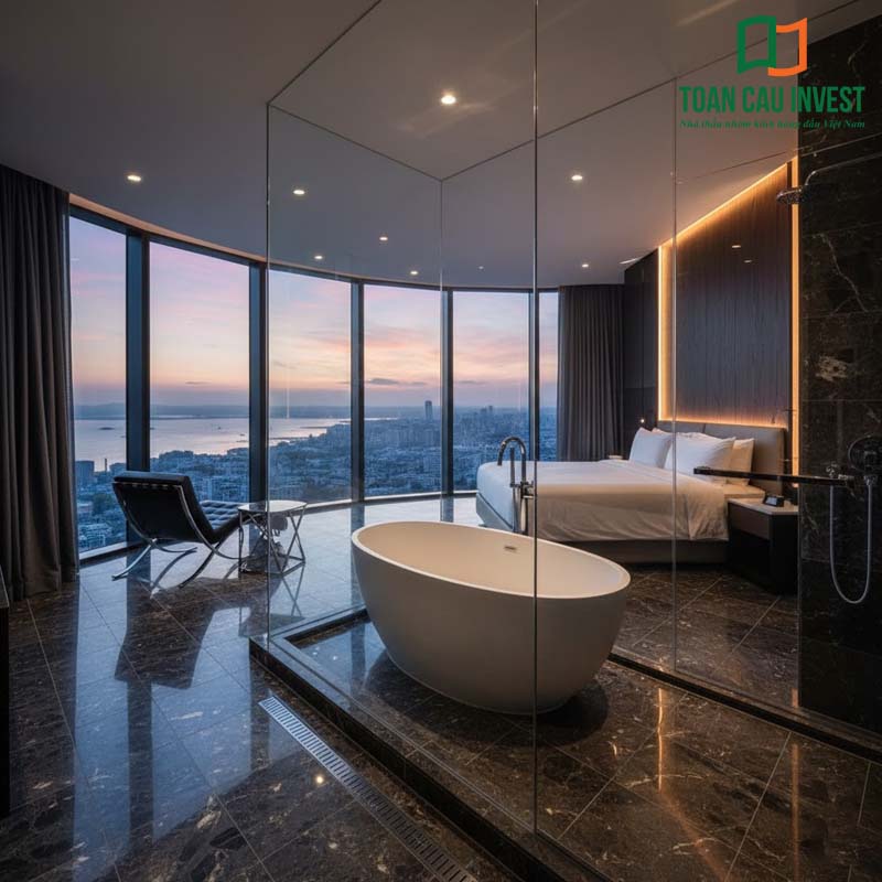 vách kính khách sạn cong panorama bao quanh khu phòng ngủ và phòng tắm, tạo góc nhìn hoàng hôn thành phố tuyệt đẹp từ trên cao