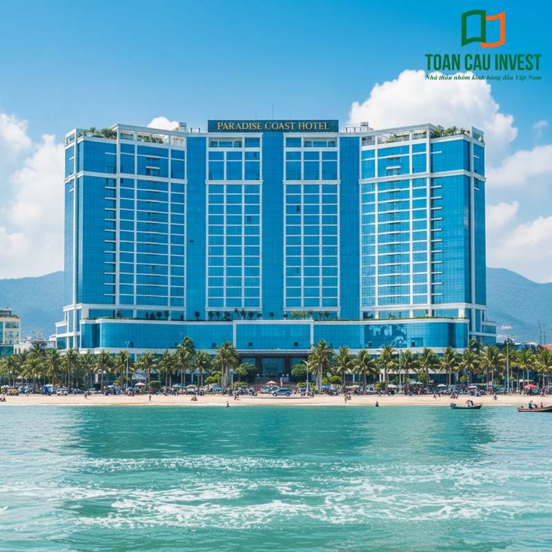 vách kính khách sạn Paradise Coast quy mô lớn, mặt dựng kính biển xanh hiện đại, tạo điểm nhấn kiến trúc trên bãi biển đẹp