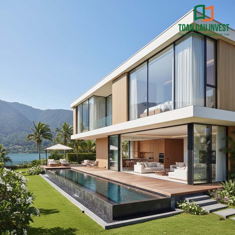 Biệt thự nghỉ dưỡng sử dụng vách kính khung nhôm hệ 700 kết hợp cửa xếp trượt, mang lại không gian thoáng rộng và sang trọng.
