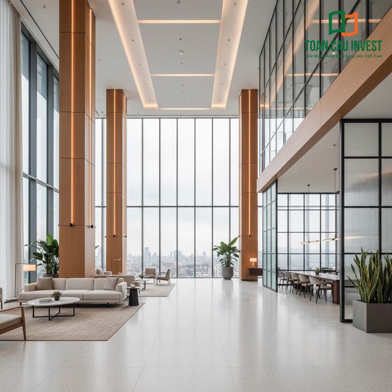 Sảnh văn phòng cao cấp với hệ vách kính ngăn phòng toàn cảnh, thiết kế trần cao, kết hợp cột gỗ và ánh sáng tự nhiên tạo không gian sang trọng – hiện đại