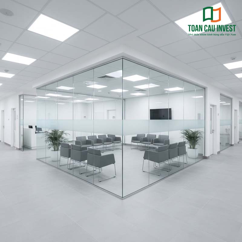 Khu vực phòng chờ bệnh viện thiết kế bằng vách kính ngăn phòng trong suốt, đảm bảo không gian sạch sẽ, thông thoáng và tách biệt các khu chức năng hiệu quả